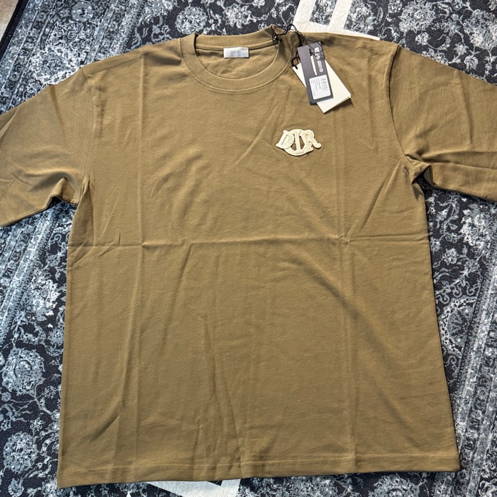 Dior Men's Short Sleeve Crewneck Tee in Olive Green with Embroidered Logo